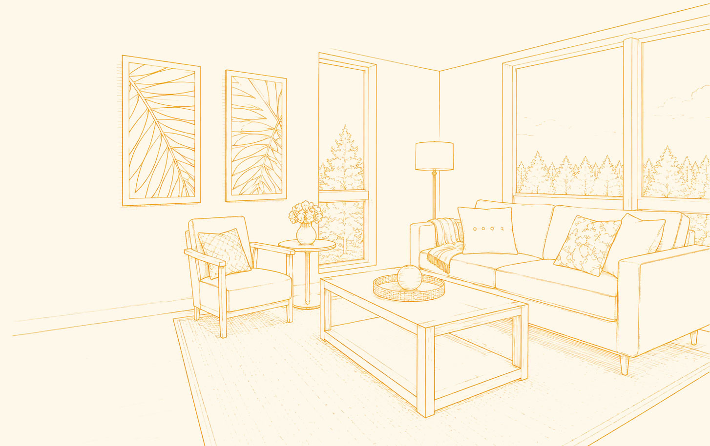 Illustrated living room scene